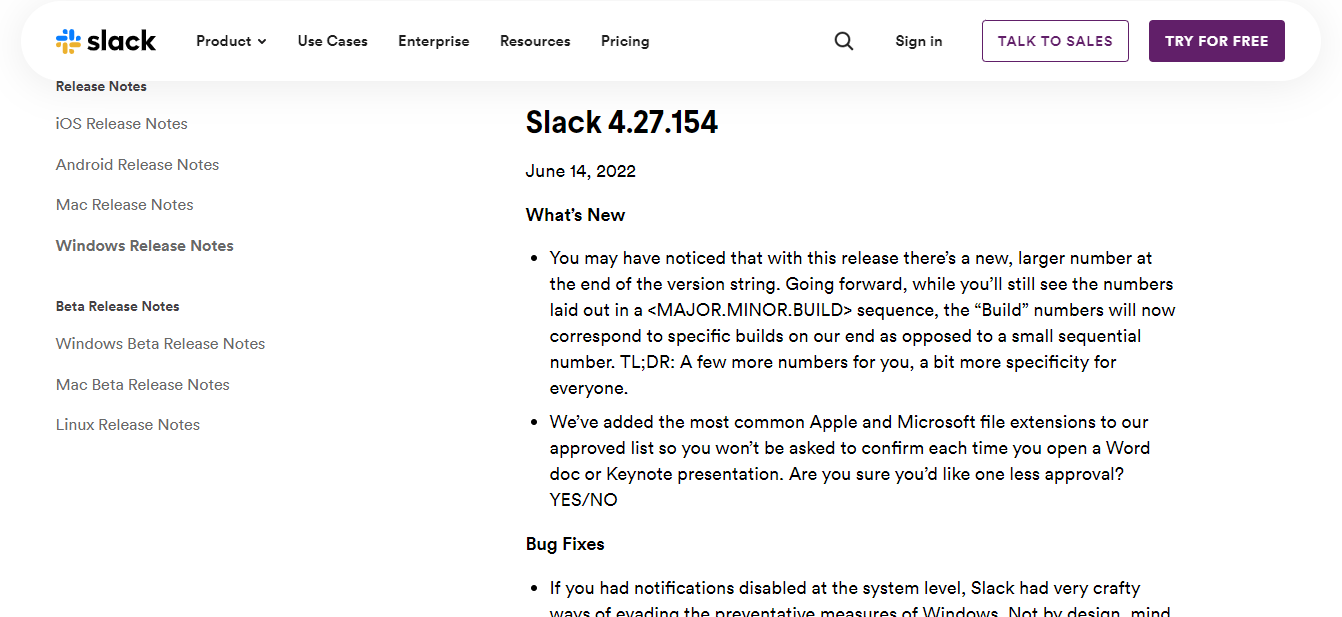 Slack release notes example