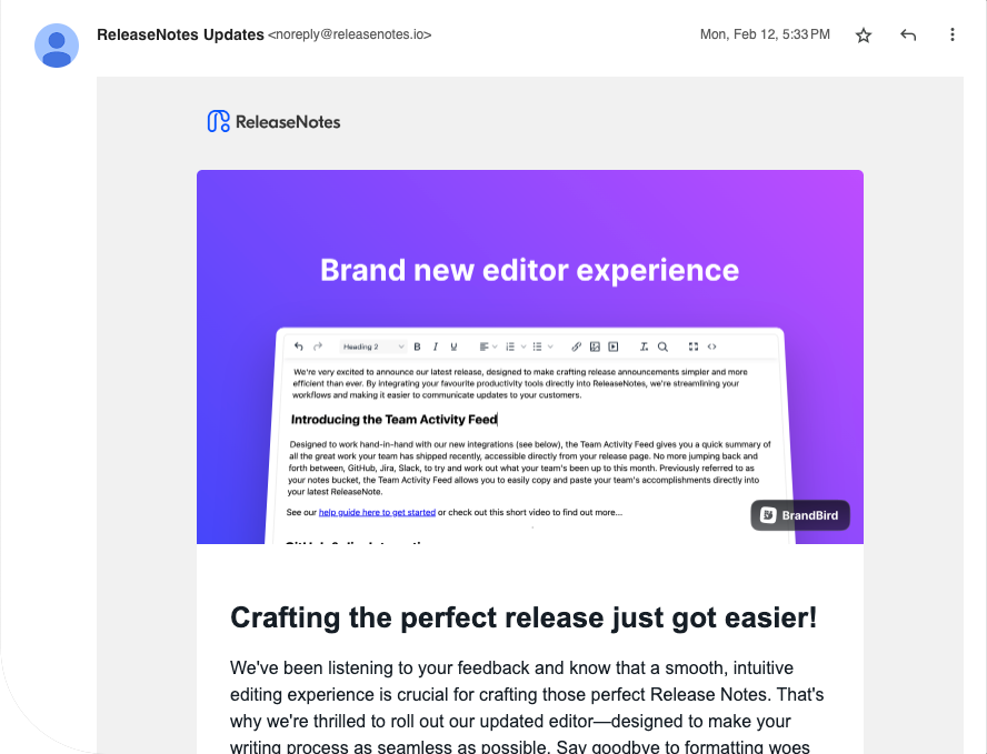 A release note delivered by email
