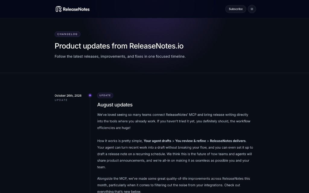 A custom branded changelog powered by ReleaseNotes